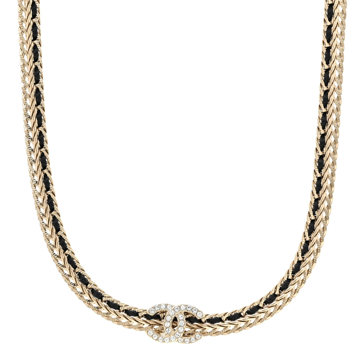 Chanel Metal Lambskin Crystal Chain CC Necklace Black Gold 1 of 5