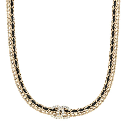 Chanel Metal Lambskin Crystal Chain CC Necklace Black Gold 1 of 5