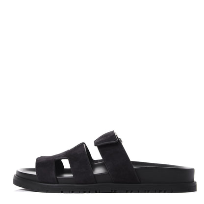 Hermes Suede Goatskin Womens Chypre Sandals 37 Black 1 of 11