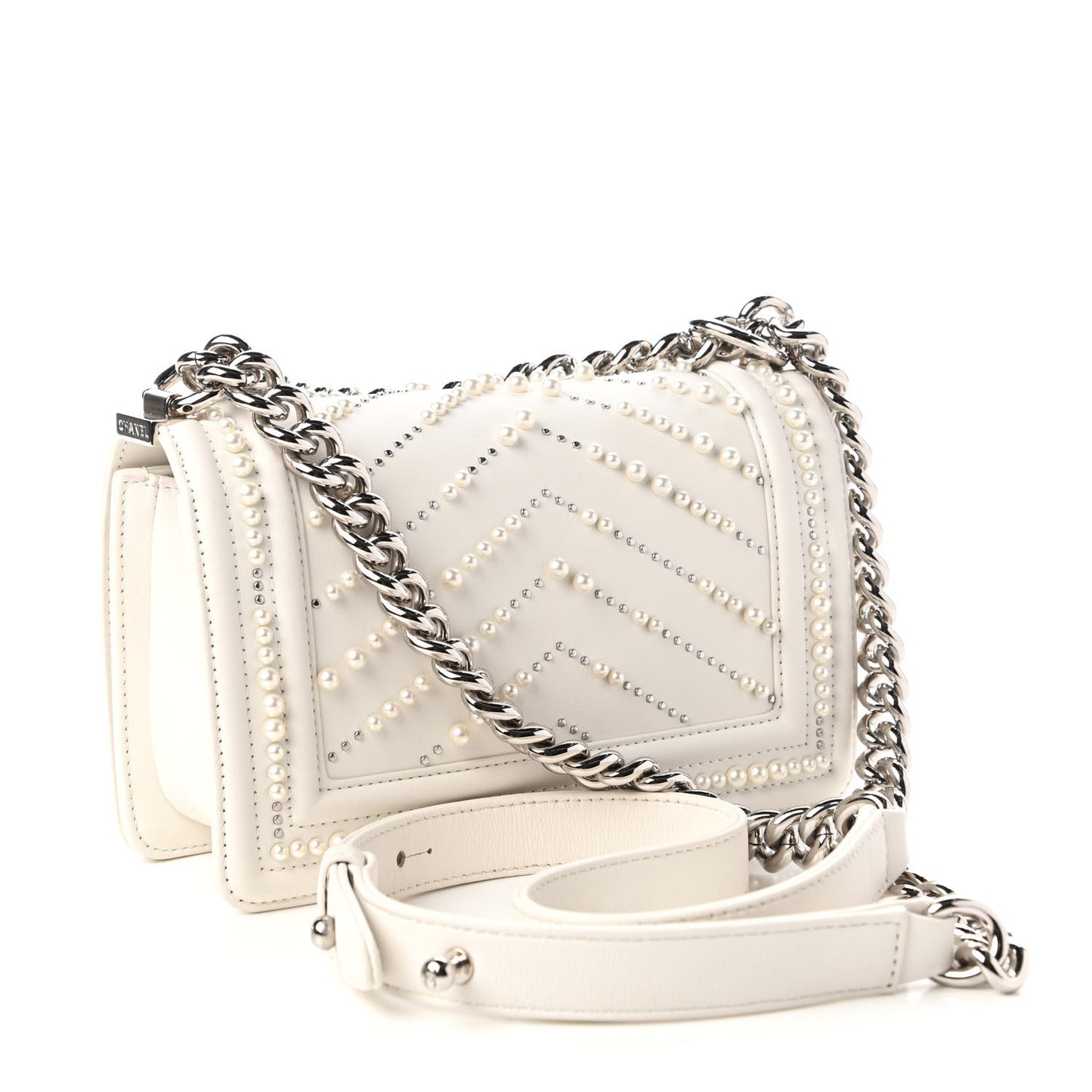 Calfskin Pearl Chevron Small Boy Flap White
