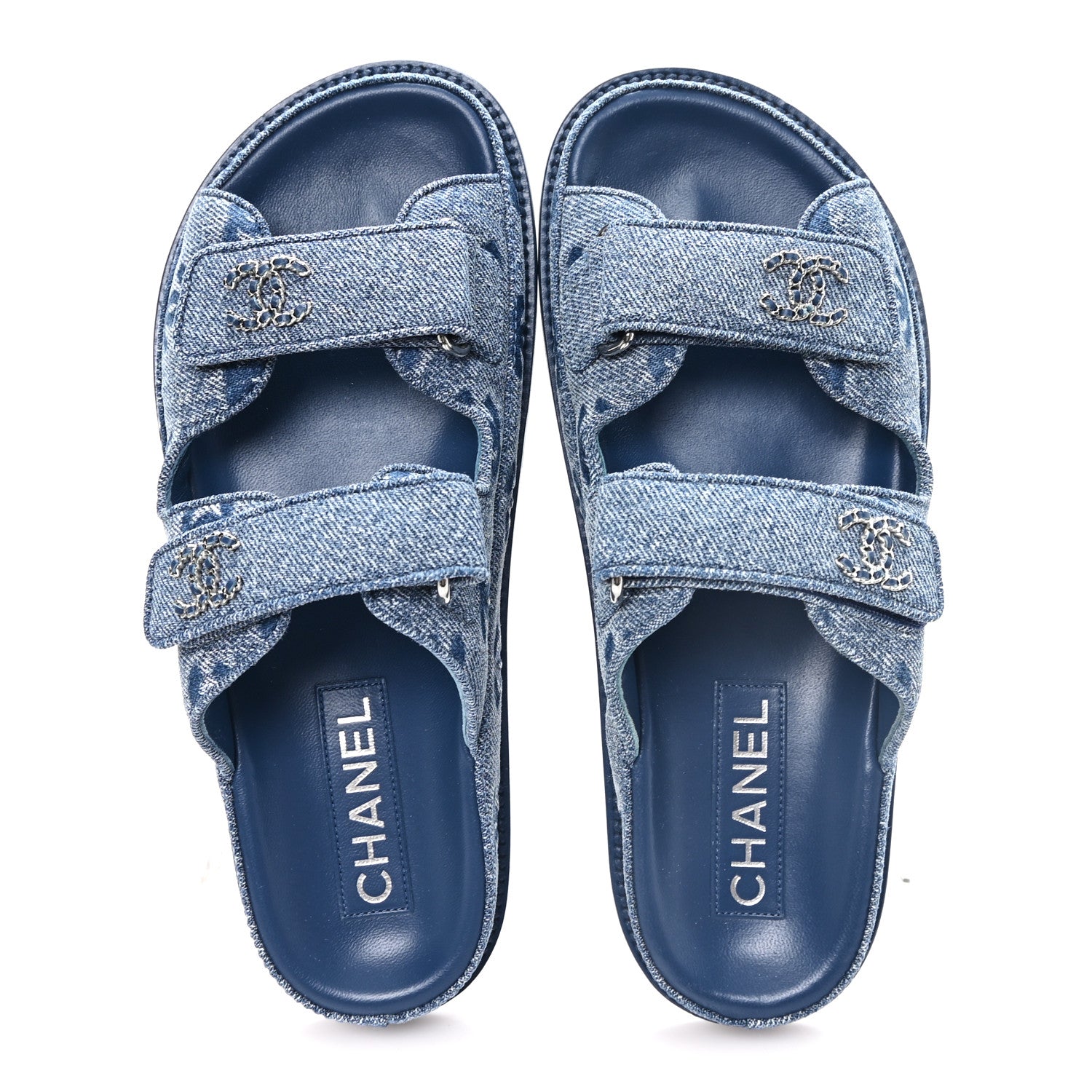 Chanel Denim CC Velcro Dad Chain CC Slide Sandals 37 Blue 2 of 10