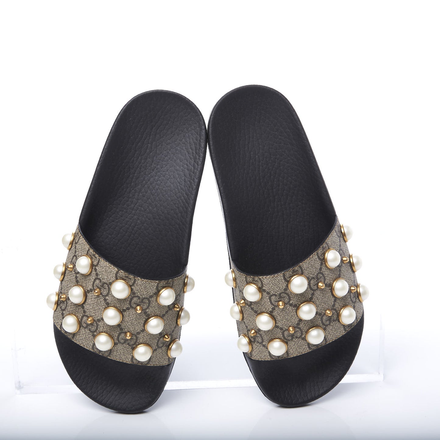 GG Supreme Monogram Pearls Slide Sandals 37 Beige