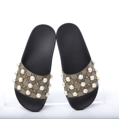 Gucci GG Supreme Monogram Pearls Slide Sandals 37 Beige 5 of 11