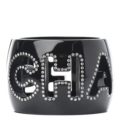 Chanel Resin Crystal Logo Cuff Bangle Bracelet Black 1 of 6