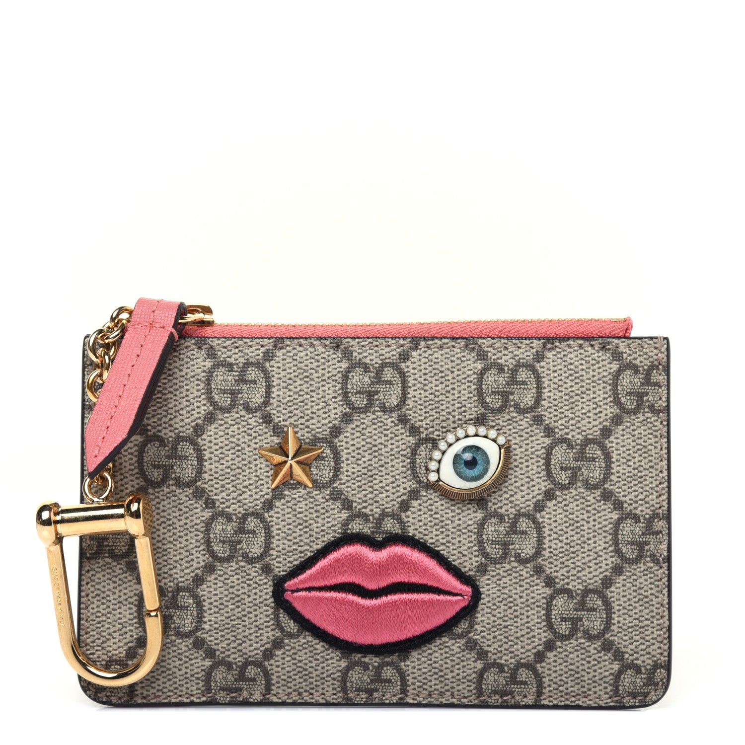 Gucci GG Supreme Monogram Embroidered Face Key Case Pink 1 of 11