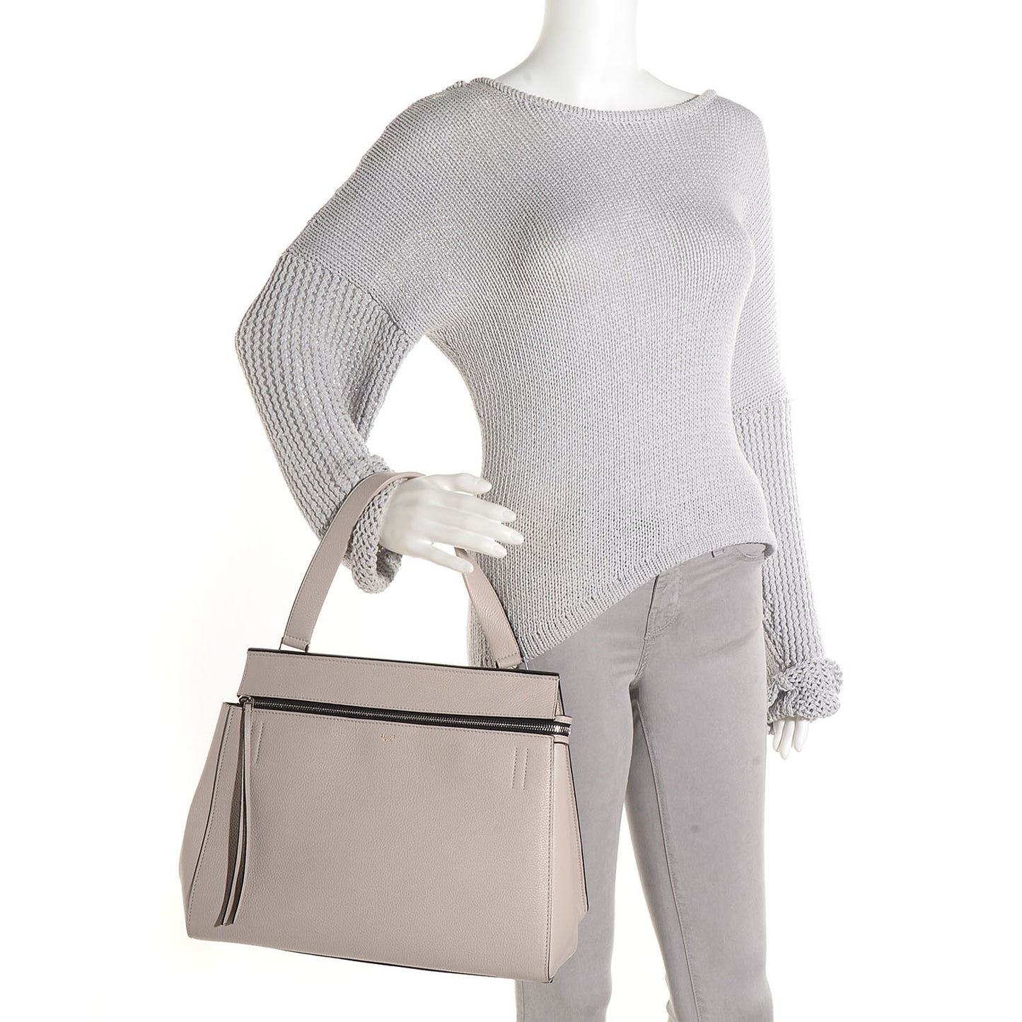 Drummed Calfskin Medium Edge Shoulder Bag Pearl Grey
