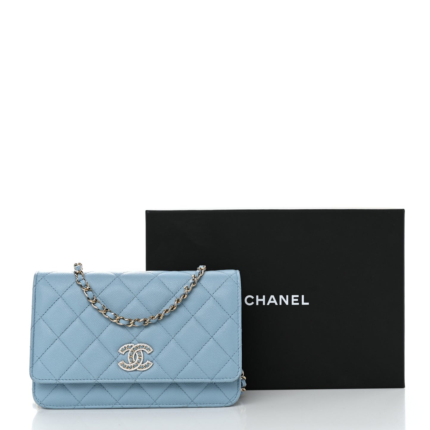 Caviar Quilted Crystal CC Wallet On Chain WOC Light Blue