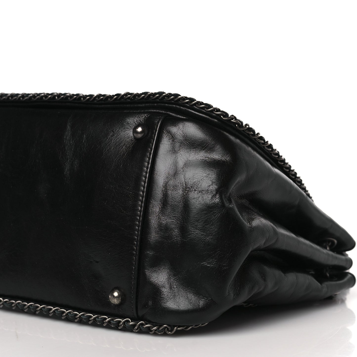 Glazed Calfskin Quilted Large CC Enchained Accordion Flap Black