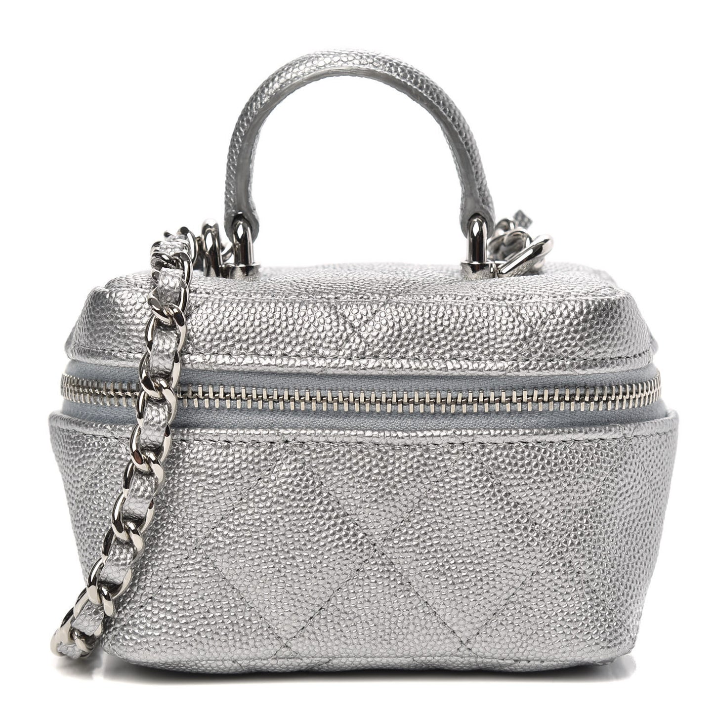 Metallic Caviar Quilted Mini Top Handle Vanity With Chain Silver