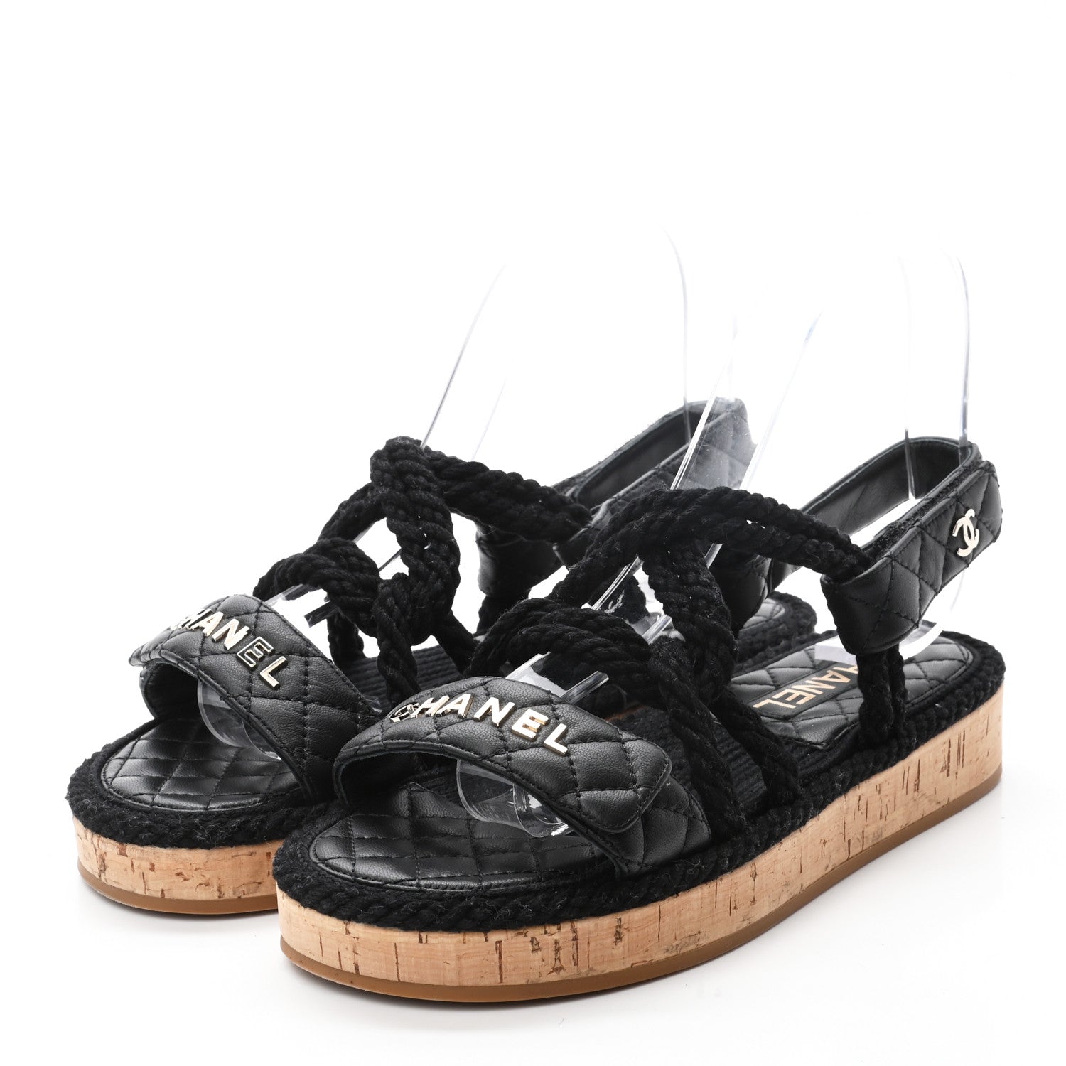 Chanel Cord Lambskin Quilted Logo Sandals 37 Black 3 of 8