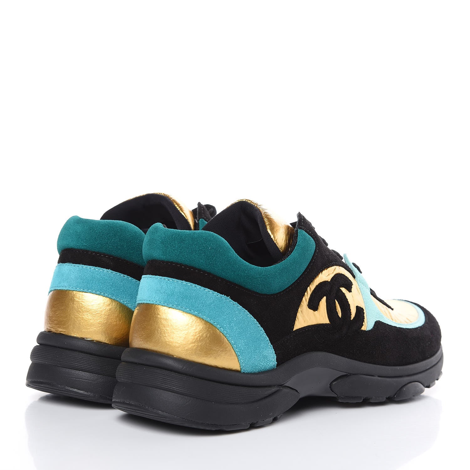 Chanel Fabric Calfskin Suede CC Womens Sneakers 38.5 Black Turquoise Gold 4 of 7