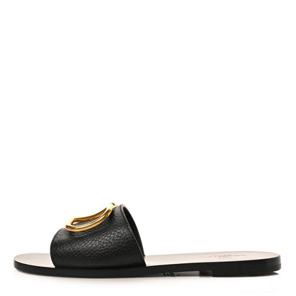 Valentino Garavani Grainy Cowhide Vlogo Flat Slide Sandals 37 Black 1 of 9