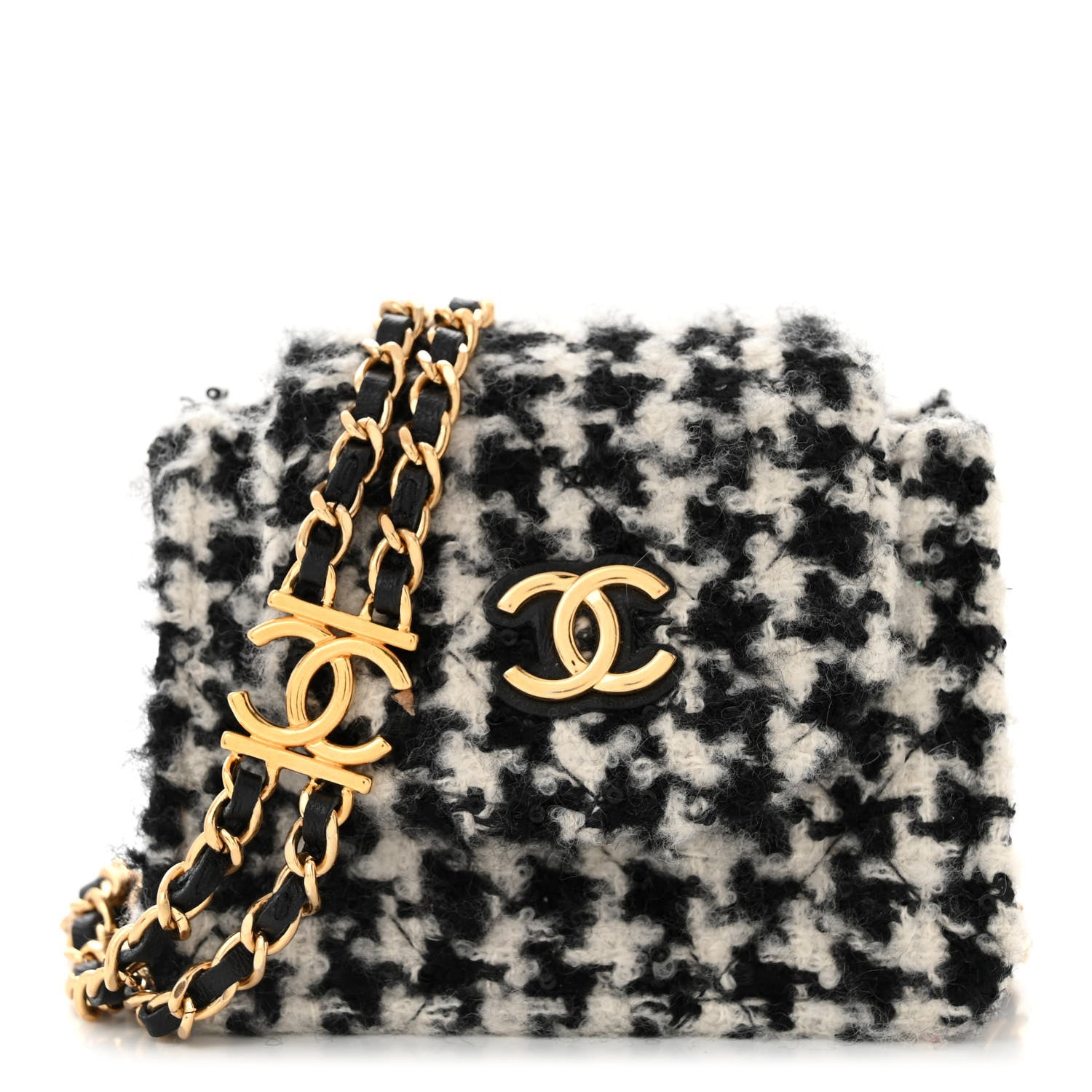 Chanel Tweed Houndstooth Quilted Mini Accordion Clutch With Chain White Black 1 of 11