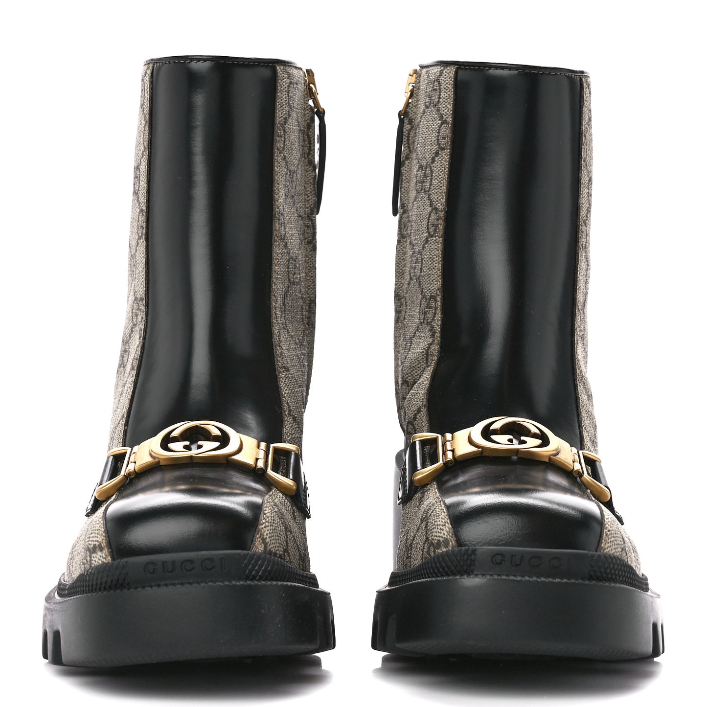GG Supreme Monogram Magnum Calfskin Interlocking G Womens Lug Sole Ankle Boots 36 Beige Ebony Black