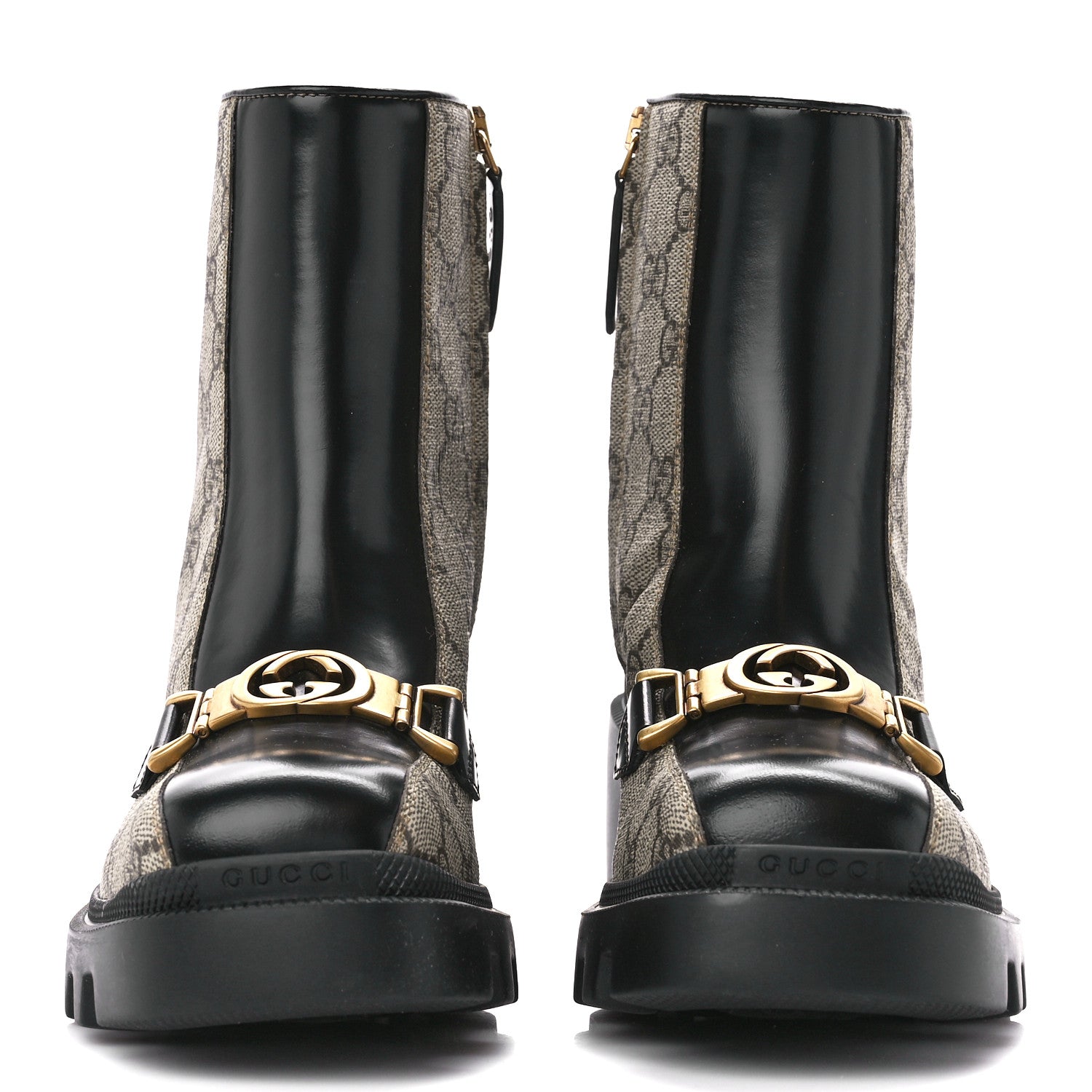 Gucci GG Supreme Monogram Magnum Calfskin Interlocking G Womens Lug Sole Ankle Boots 36 Beige Ebony Black 2 of 10
