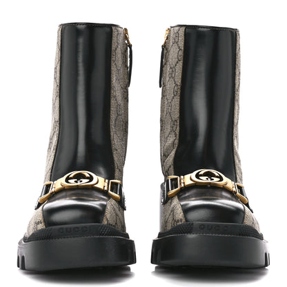 Gucci GG Supreme Monogram Magnum Calfskin Interlocking G Womens Lug Sole Ankle Boots 36 Beige Ebony Black 2 of 10