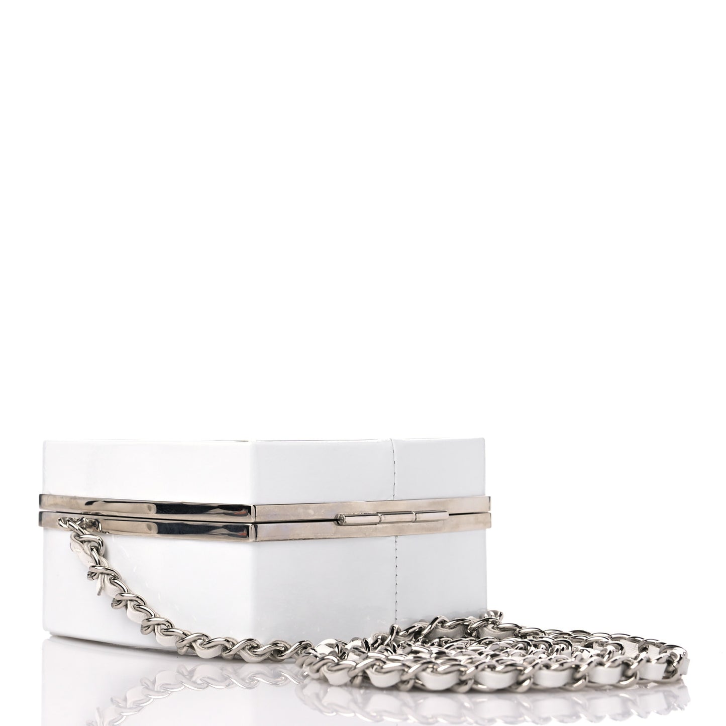Patent Goatskin Quilted Clutch With Chain White