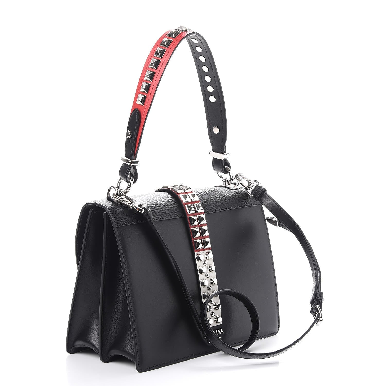 Prada Saffiano City Calfskin Studded Elektra Shoulder Bag Black Fuoco 4 of 8