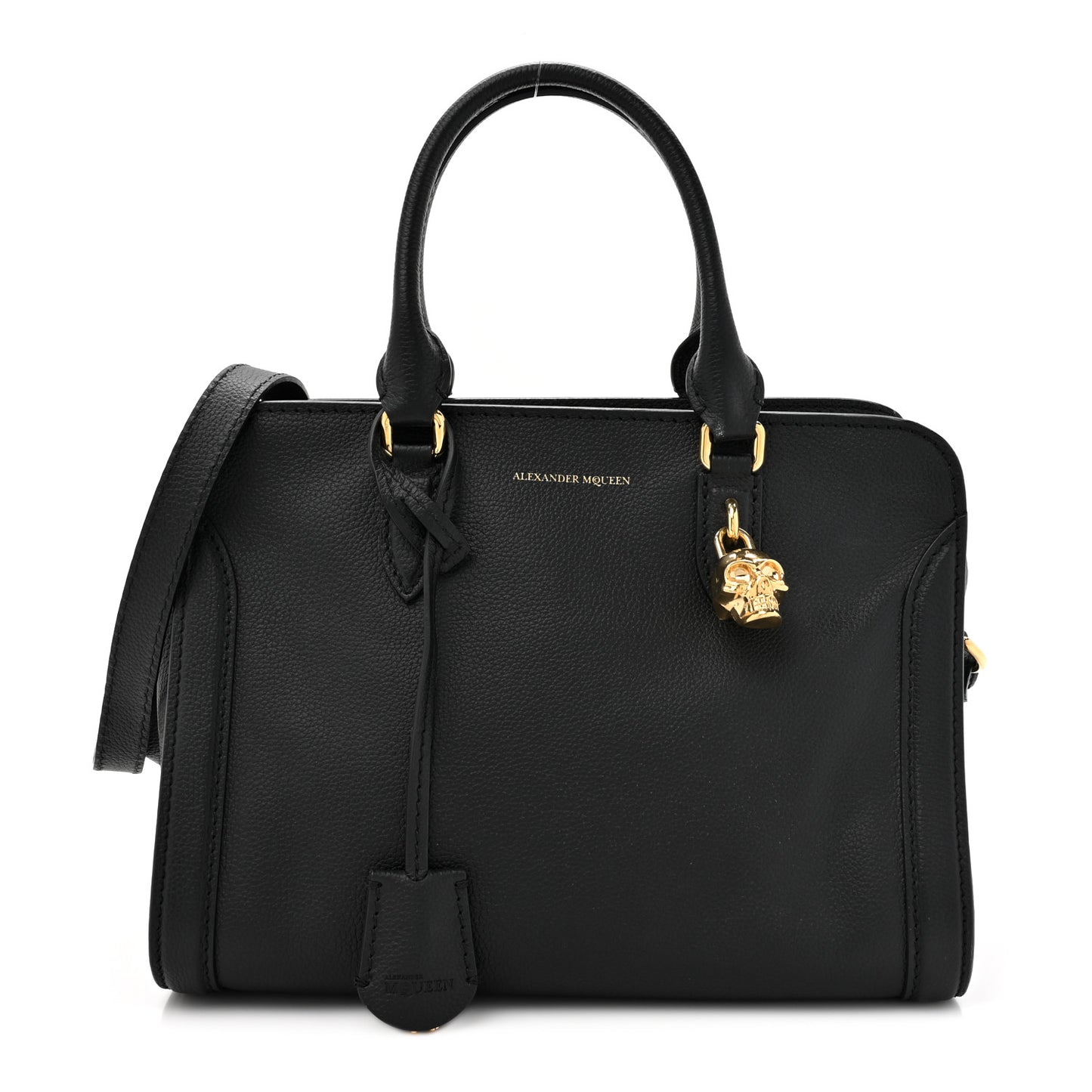 Pebbled Calfskin Small Skull Padlock Zip Around Tote Black