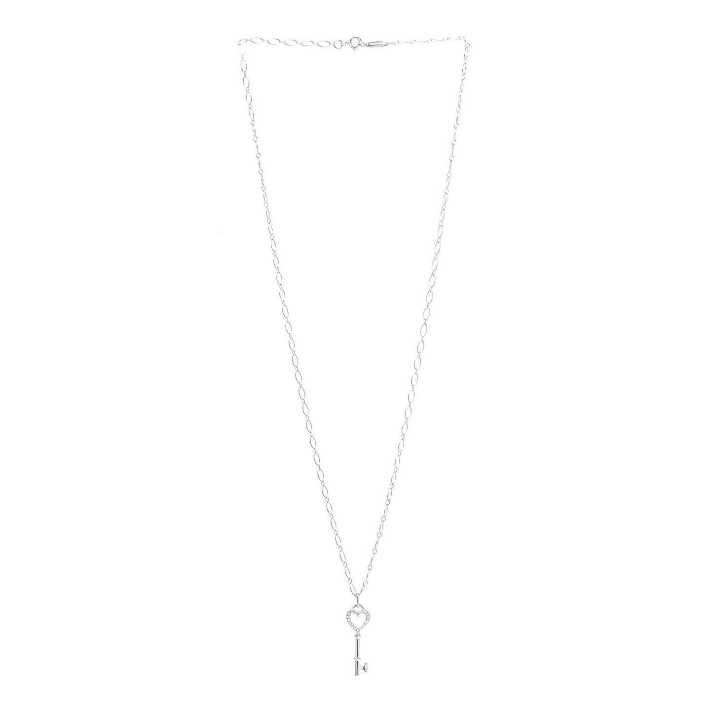 18K White Gold Diamond Mini Heart Key Charm Pendant Link Necklace