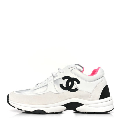 Chanel Calfskin Fabric Sneakers 39.5 White Silver Fluo Pink 1 of 7
