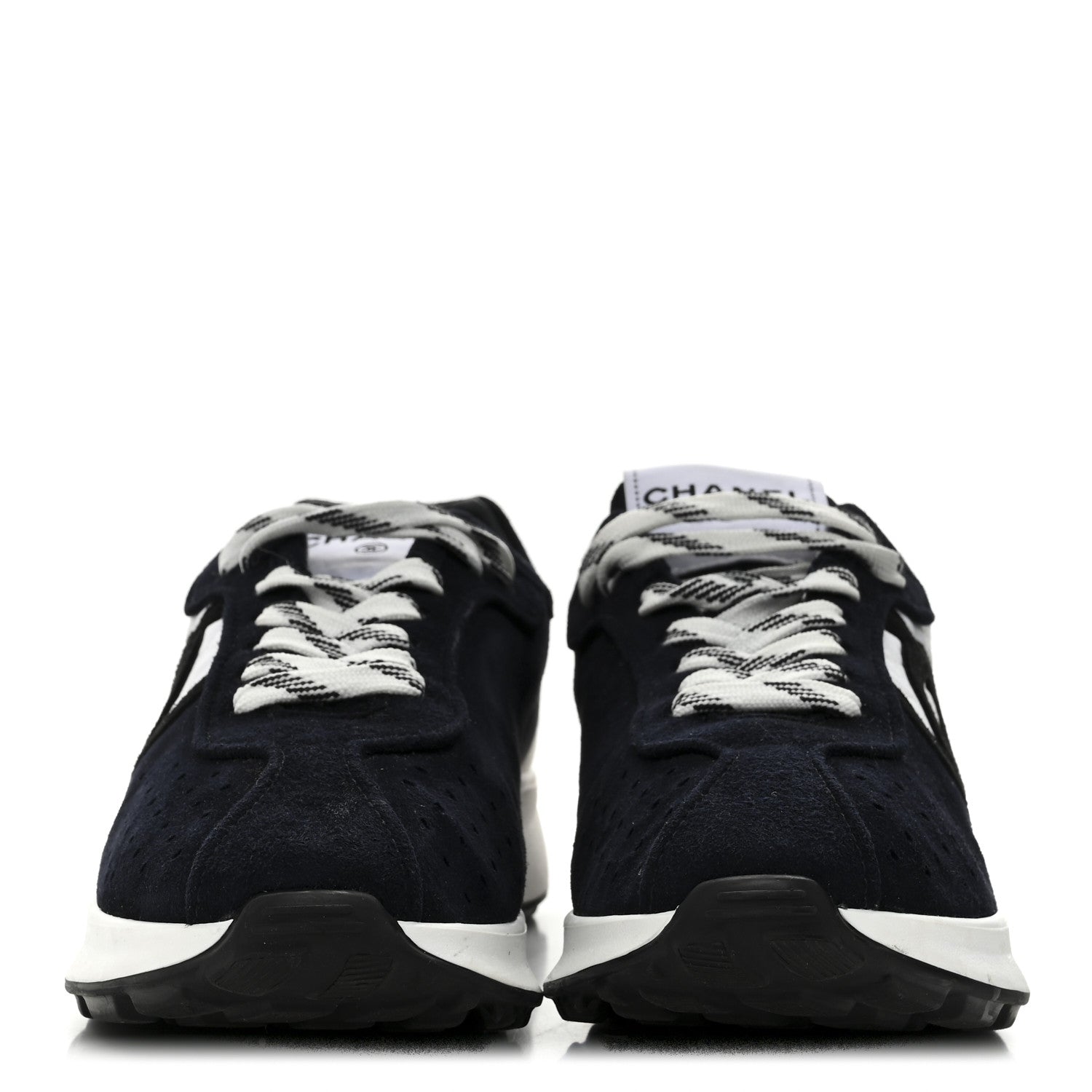 Chanel Fabric Suede Kidskin CC Sneakers 38 Dark Navy White 3 of 10