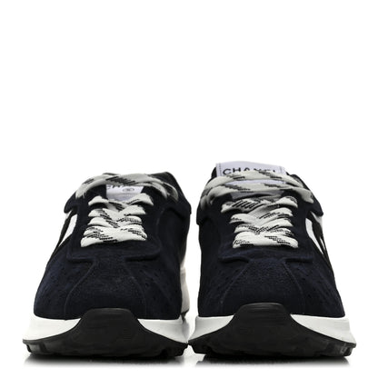 Chanel Fabric Suede Kidskin CC Sneakers 38 Dark Navy White 3 of 10