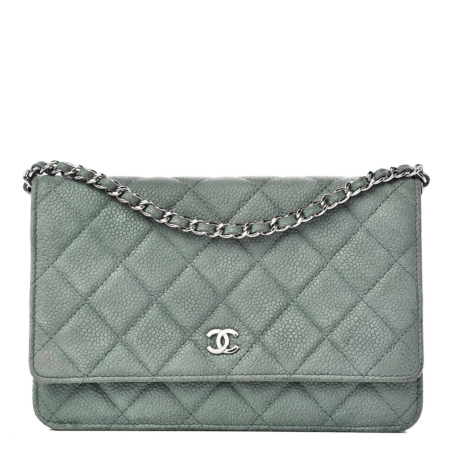 Iridescent Caviar Quilted Wallet On Chain WOC Green