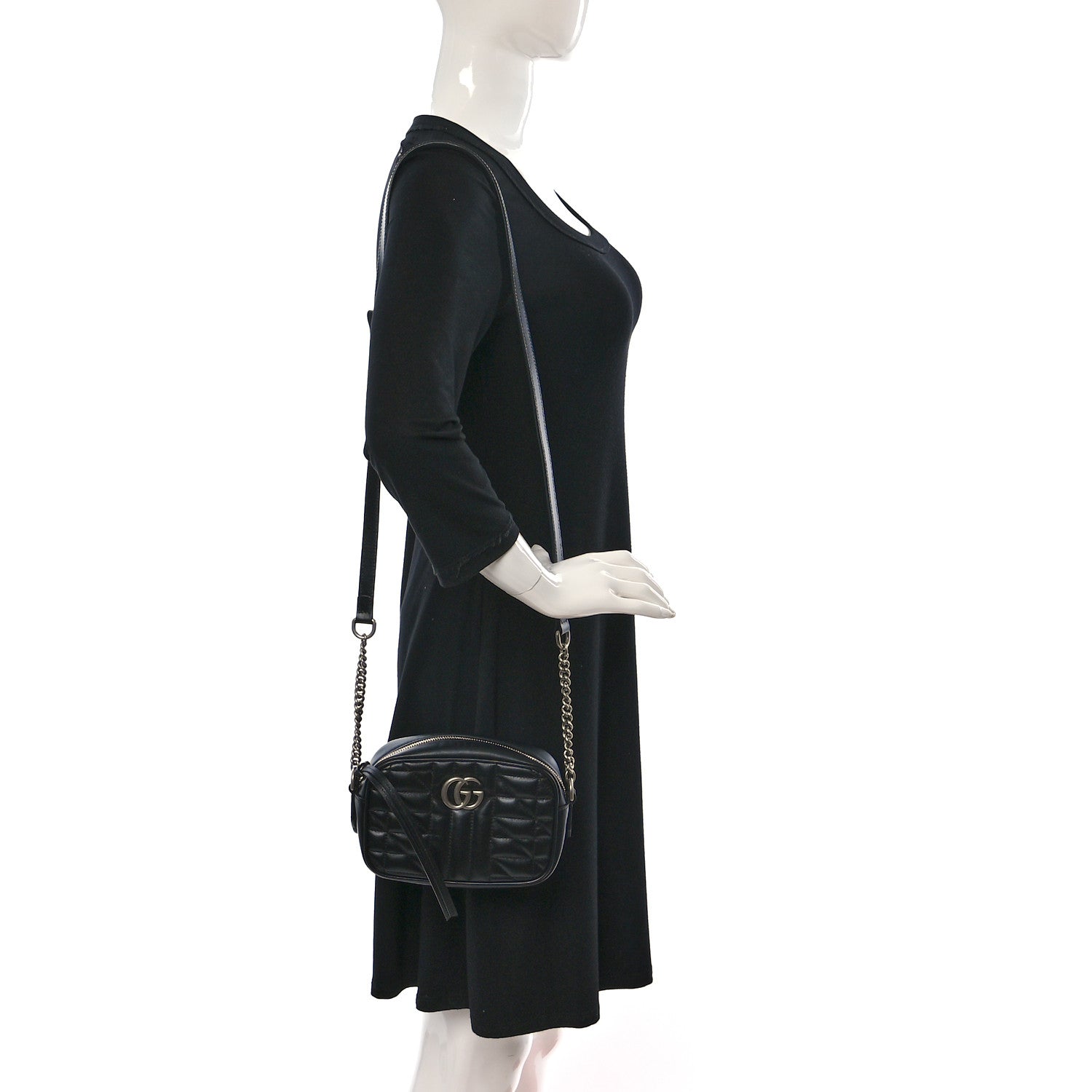 Gucci Calfskin Matelasse Aria Mini GG Marmont Chain Shoulder Bag Black 2 of 10