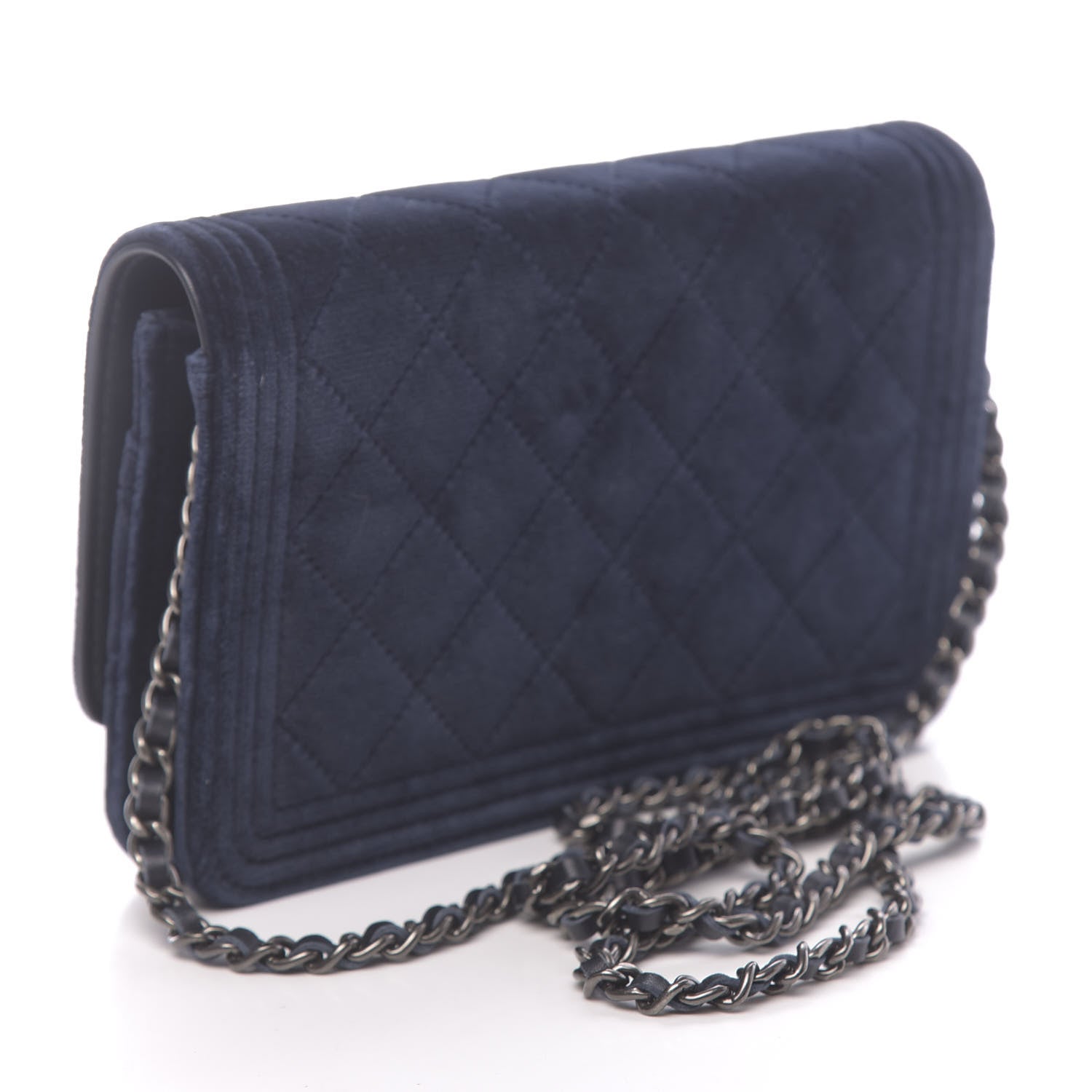 Chanel Velvet Quilted Boy Wallet On Chain WOC Navy 3 of 14