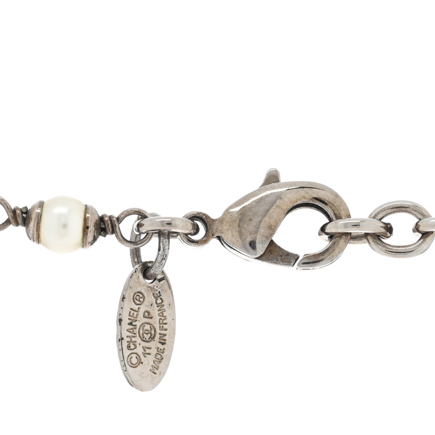 Chanel Resin Pearl Crystal CC Long Necklace Black Silver 4 of 4