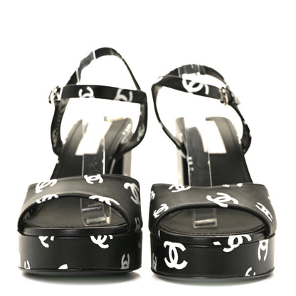 Chanel Printed Lambskin Coco Beach Platform Sandals 40 Black White 2 of 7