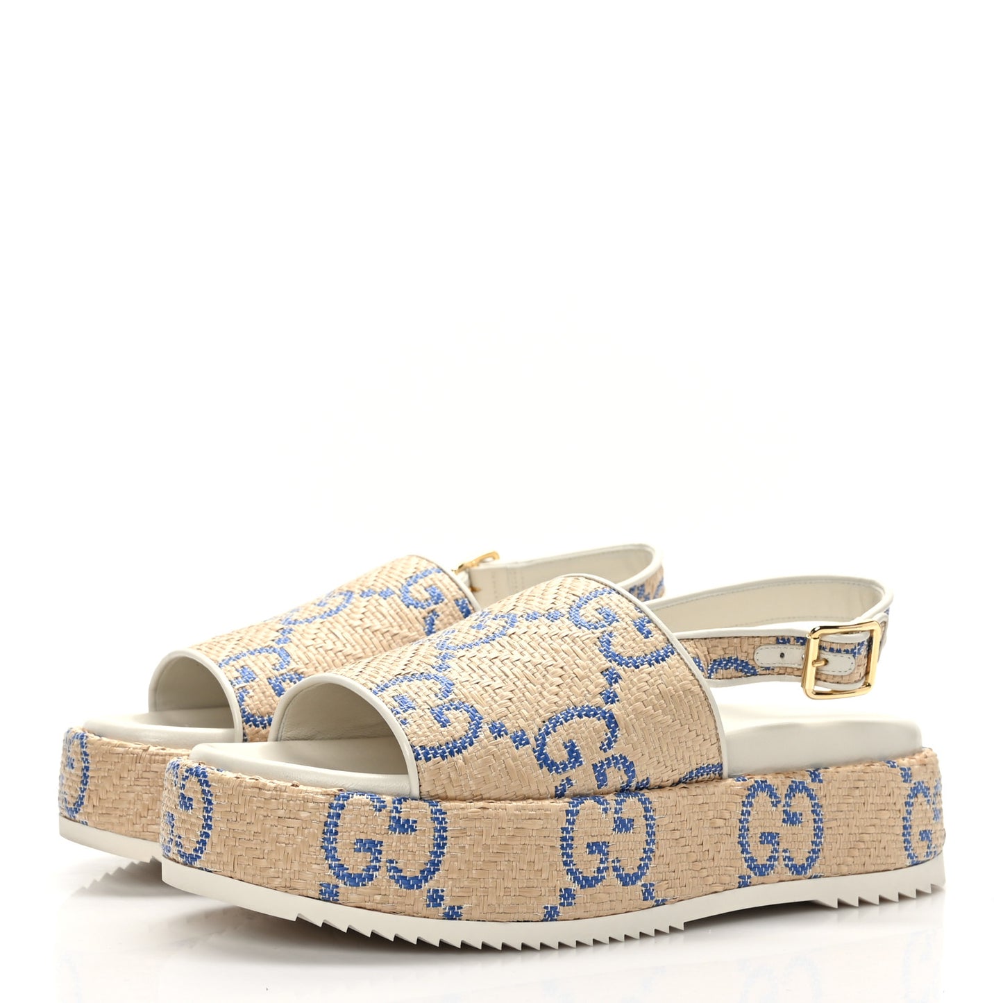 Raffia GG Monogram Granada Kid Angelina Platform 35mm Slingback Sandals 41 Natural Royale Mystic White