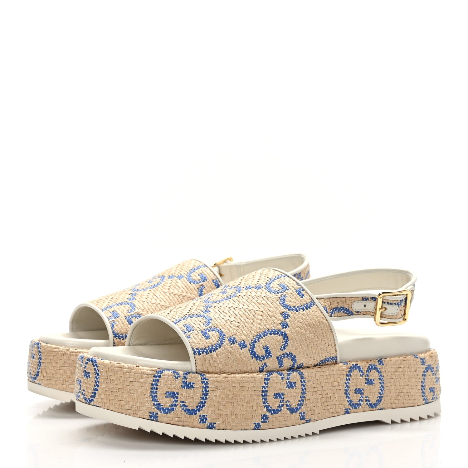Gucci Raffia GG Monogram Granada Kid Angelina Platform 35mm Slingback Sandals 41 Natural Royale Mystic White 3 of 8