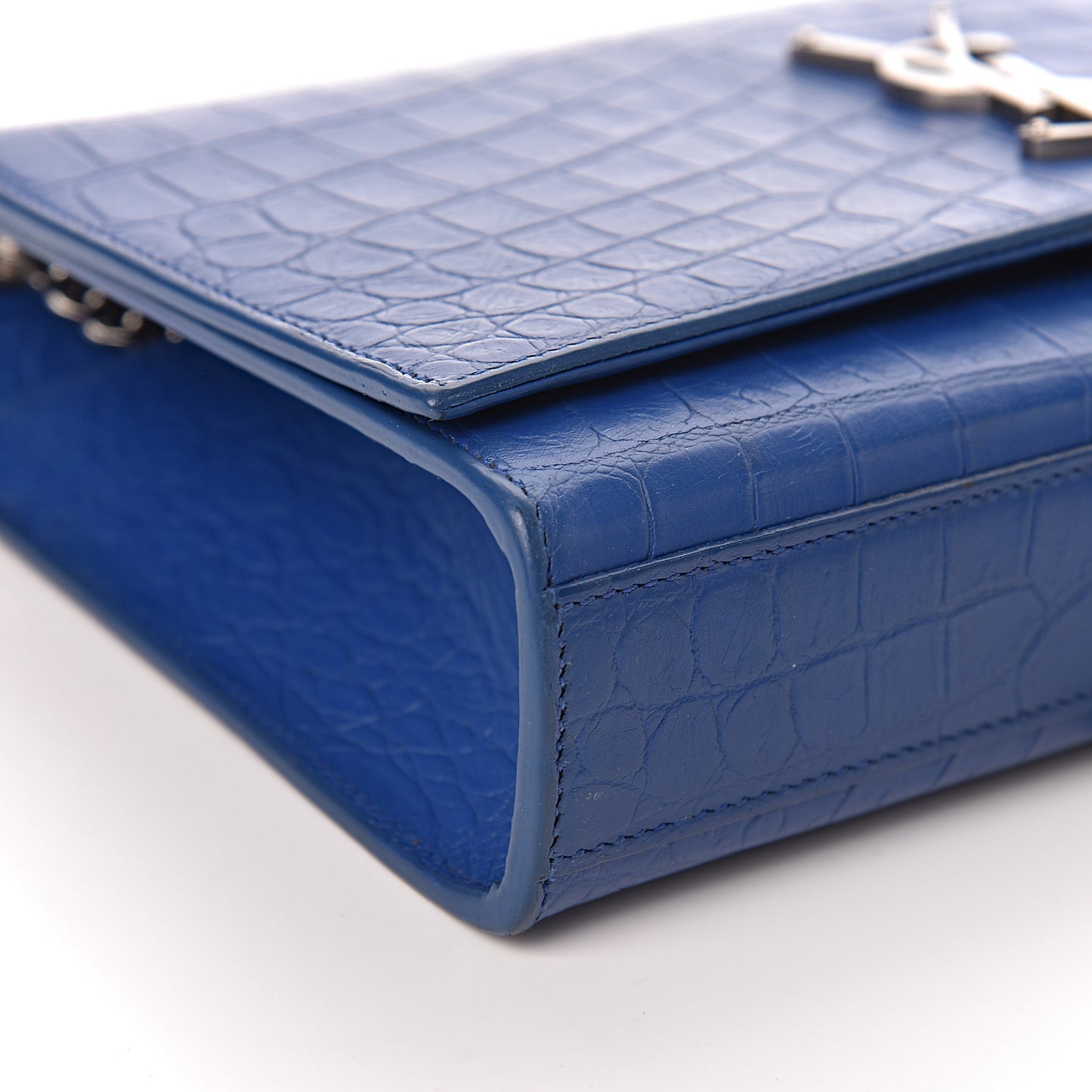 Calfskin Crocodile Embossed Medium Classic Monogram Kate Tassel Satchel Bleu Majorelle