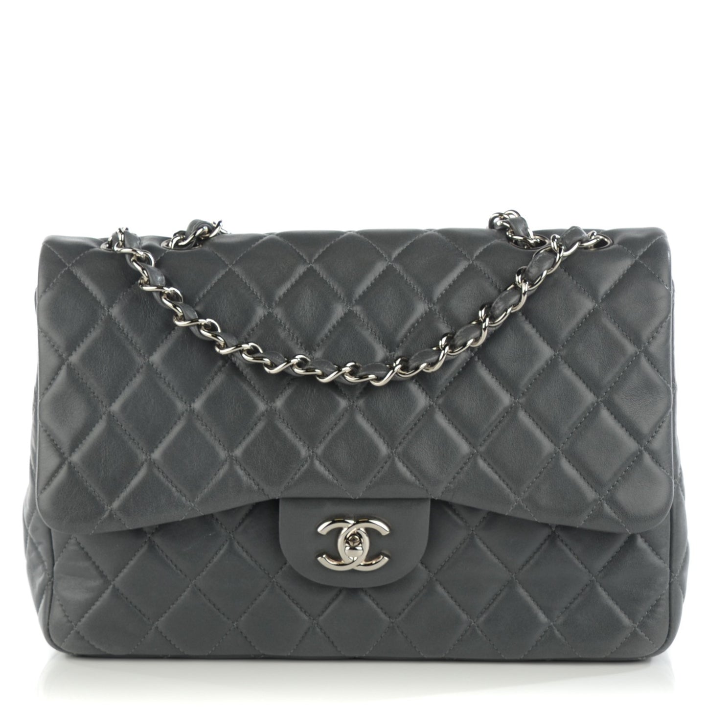 Lambskin Quilted Jumbo Single Flap Dark Grey