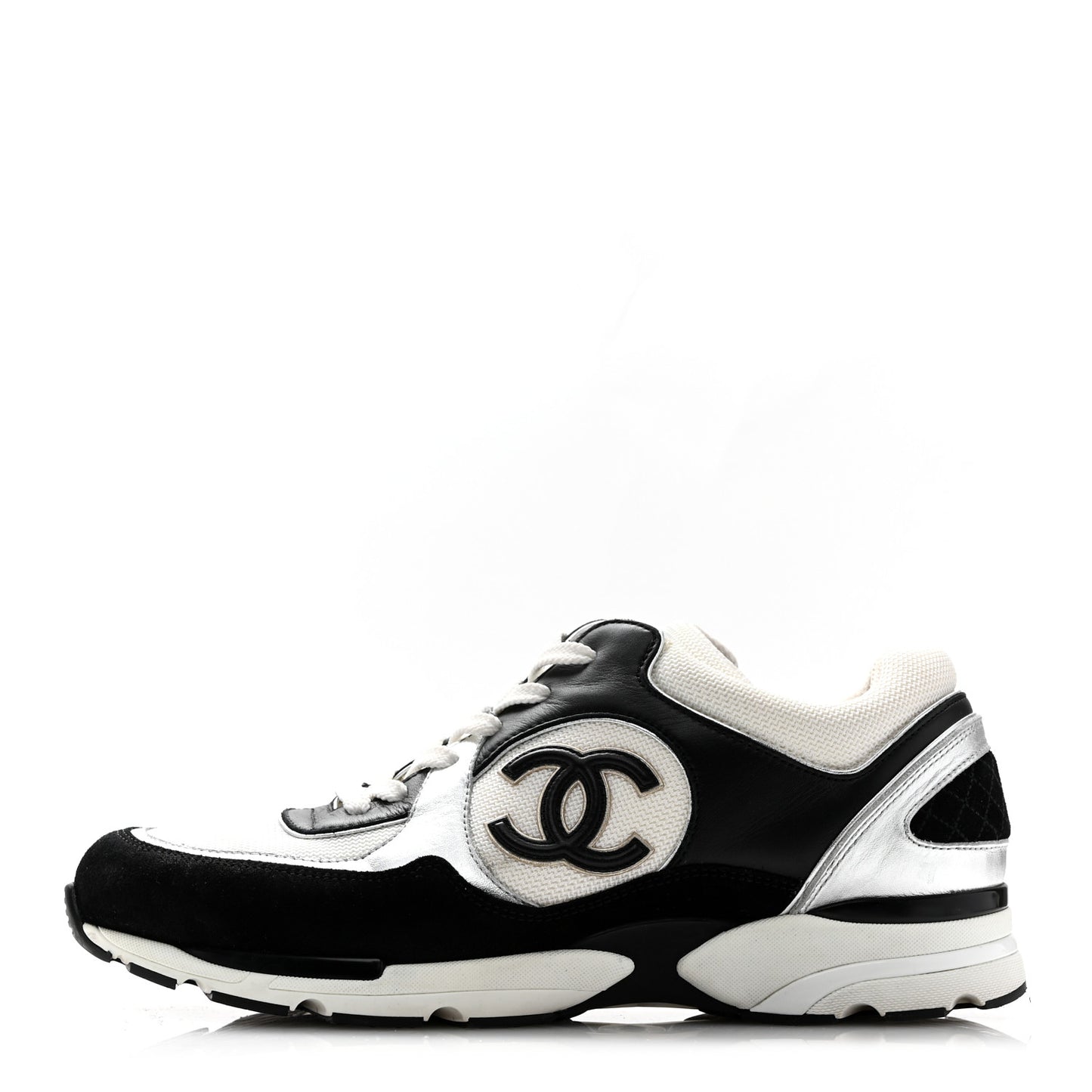 Mesh Suede Calfskin Mens CC Sneakers 44 White Silver Black