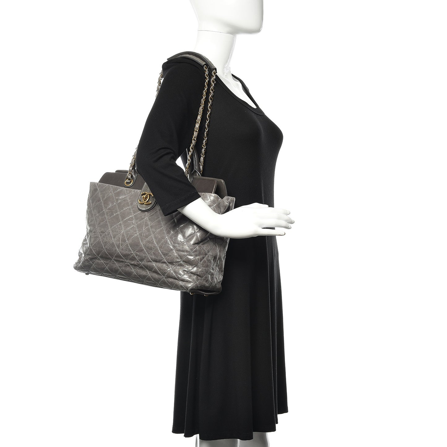 Glazed Calfskin Stingray Large Bindi CC Tote Grey