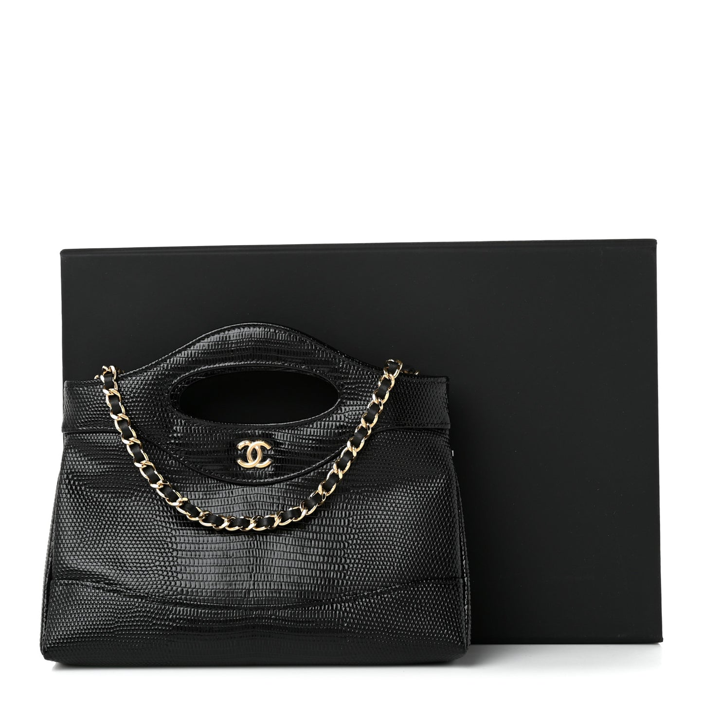 Calfskin Lizard Embossed Quilted Nano 31 Shopping Bag Black