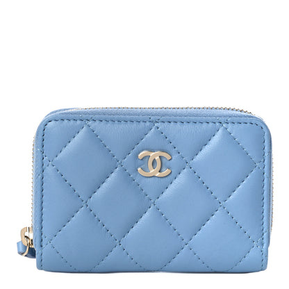 Chanel Lambskin Quilted Zip Around Coin Purse Wallet Light Blue 1 of 10