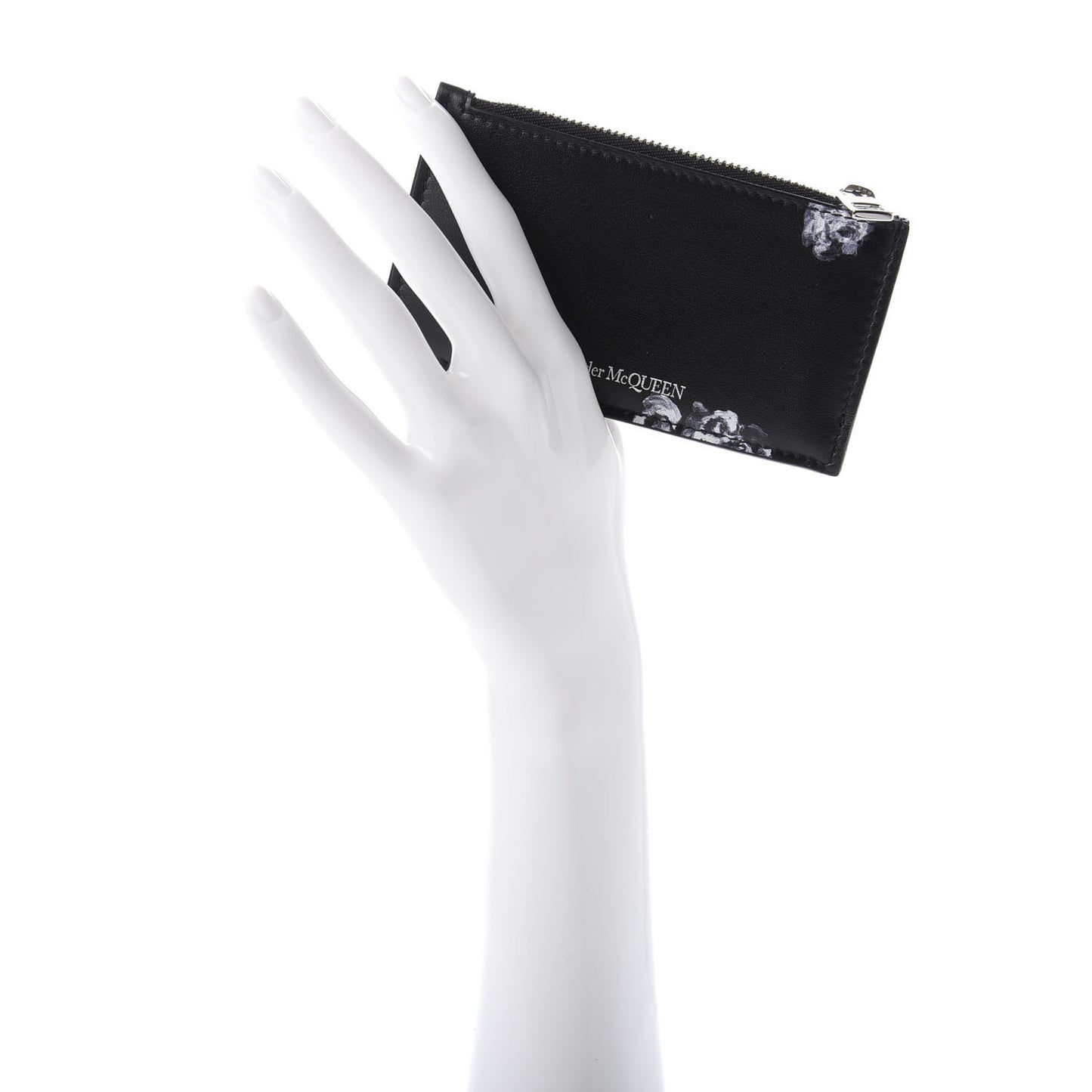 Calfskin Skull Rose 5 Fragments Zip Pouch Card Holder Black