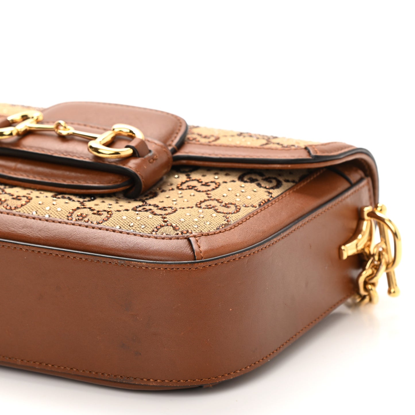 New Canvas Charisma Calfskin Crystal GG Monogram Mini Horsebit 1955 Shoulder Bag Camel Ebony