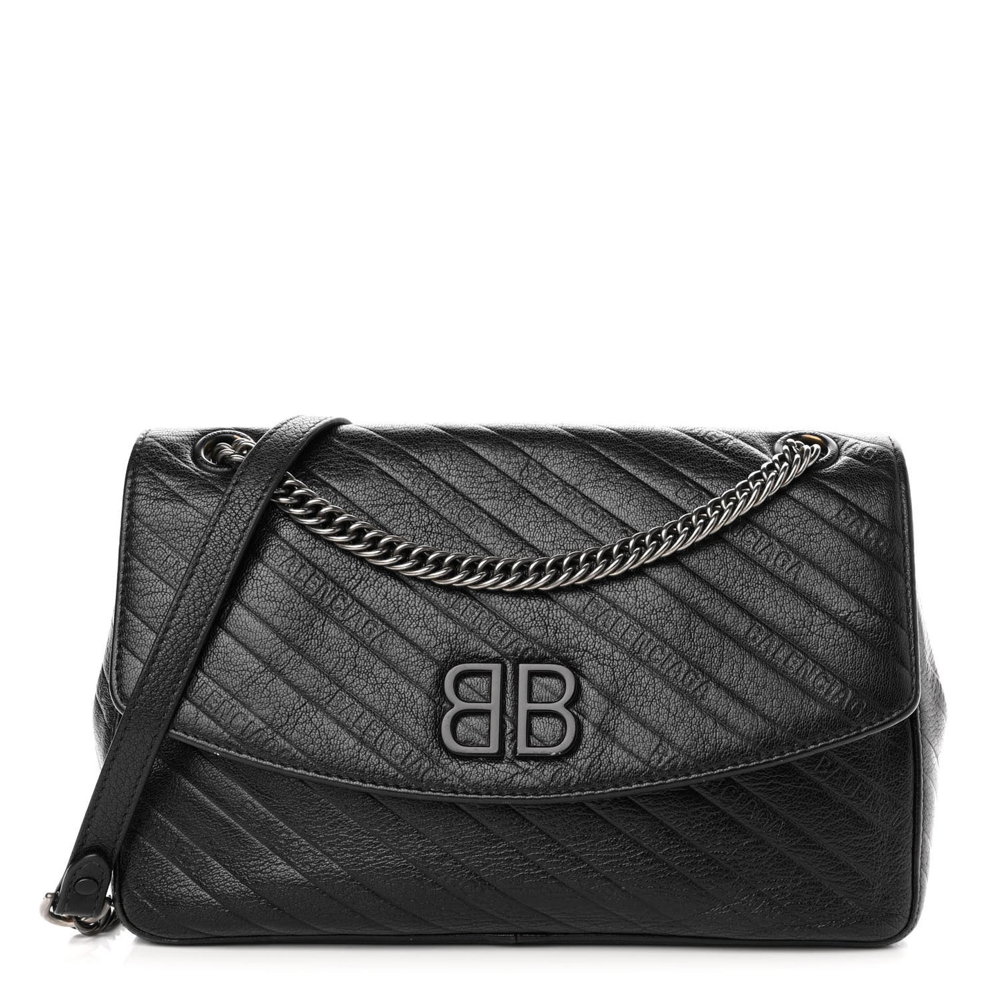 Shiny Goatksin Logo Embossed Monochrome M BB Round Shoulder Bag Black
