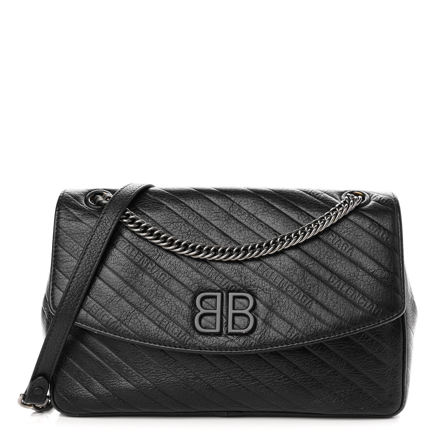 Balenciaga Shiny Goatksin Logo Embossed Monochrome M BB Round Shoulder Bag Black 1 of 15