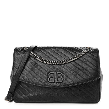 Balenciaga Shiny Goatksin Logo Embossed Monochrome M BB Round Shoulder Bag Black 1 of 15