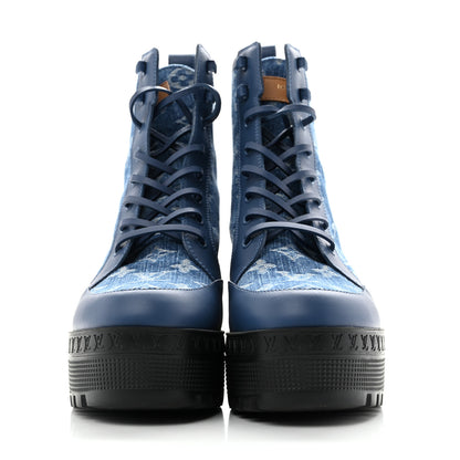 Louis Vuitton Calfskin Monogram Denim Laureate Platform Desert Boots 38 Blue 3 of 10