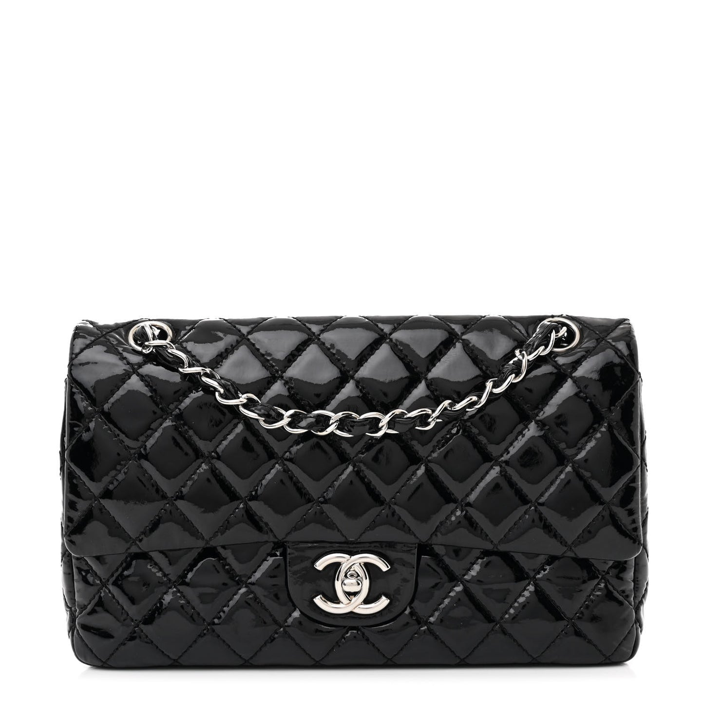 Patent Quilted Medium Double Flap Black