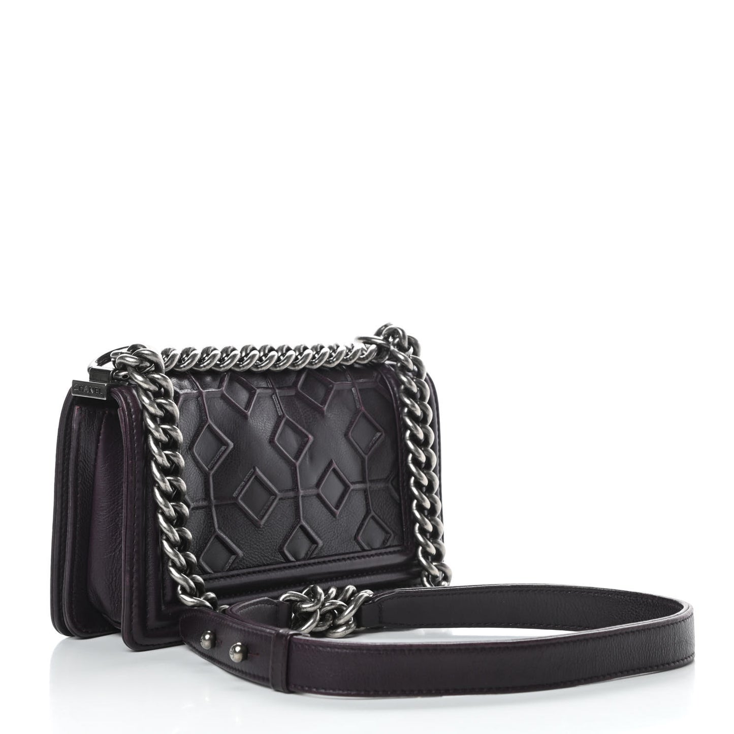 Calfskin Crystal Embossed Small Boy Flap Plum