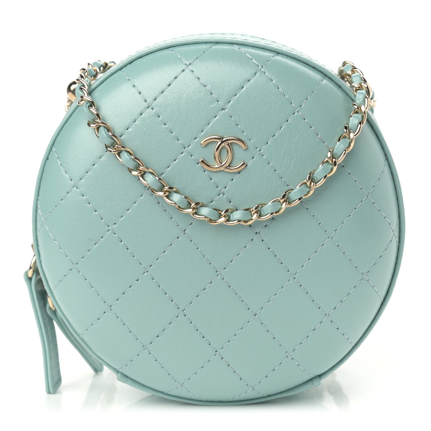 Iridescent Lambskin Round Clutch With Chain Light Blue