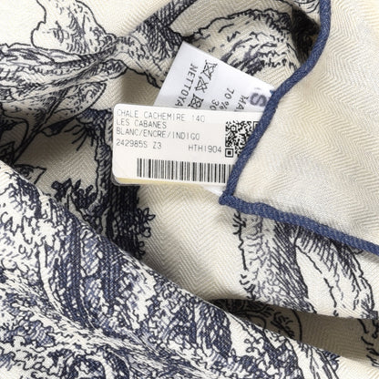 Hermes Cashmere Silk Les Cabanes Shawl 140 White Encre Indigo 3 of 3